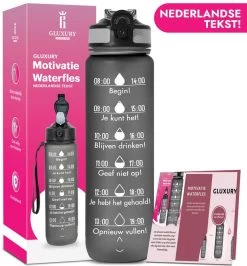 Gluxury Luxe Motivatie Waterfles - Nederlandse Tekst - Drinkfles Met Rietje - 1 Liter Drinkfles - Waterfles Met Tijdmarkering - Inc E-book - Zwart