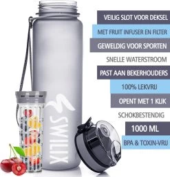 Swilix ® Drinkfles - 1 Liter - Waterfles Met Tijdmarkering - Met 2 Fruitfilters - Grijs -Bol Waterkoker Winkel 1147x1200 1