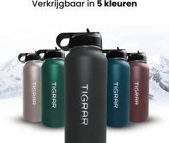 Tigrar - Drinkfles - Waterfles - Thermosfles 1 Liter - RVS - (Grafiet) Zwart - Incl. Extra Dop 3 Rietjes En Reiniger -Bol Waterkoker Winkel 1200x1021