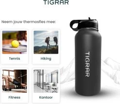Tigrar - Drinkfles - Waterfles - Thermosfles 1 Liter - RVS - (Grafiet) Zwart - Incl. Extra Dop 3 Rietjes En Reiniger -Bol Waterkoker Winkel 1200x1044