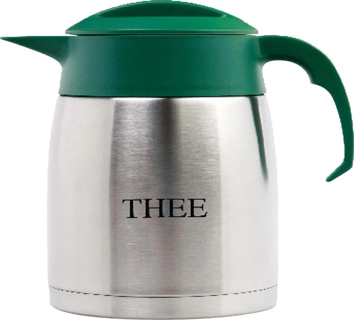 Isoleerkan EasyClean 1,2 liter rvs met opschrift THEE en groen kunststof dop en handgreep Isoleerkan EasyClean 1,2 Liter Rvs Met Opschrift THEE En Groen Kunststof Dop En Handgreep -Bol Waterkoker Winkel
