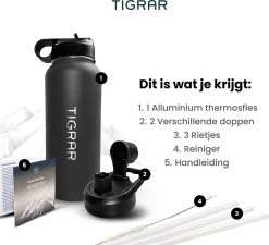 Tigrar - Drinkfles - Waterfles - Thermosfles 1 Liter - RVS - (Grafiet) Zwart - Incl. Extra Dop 3 Rietjes En Reiniger -Bol Waterkoker Winkel 1200x1092