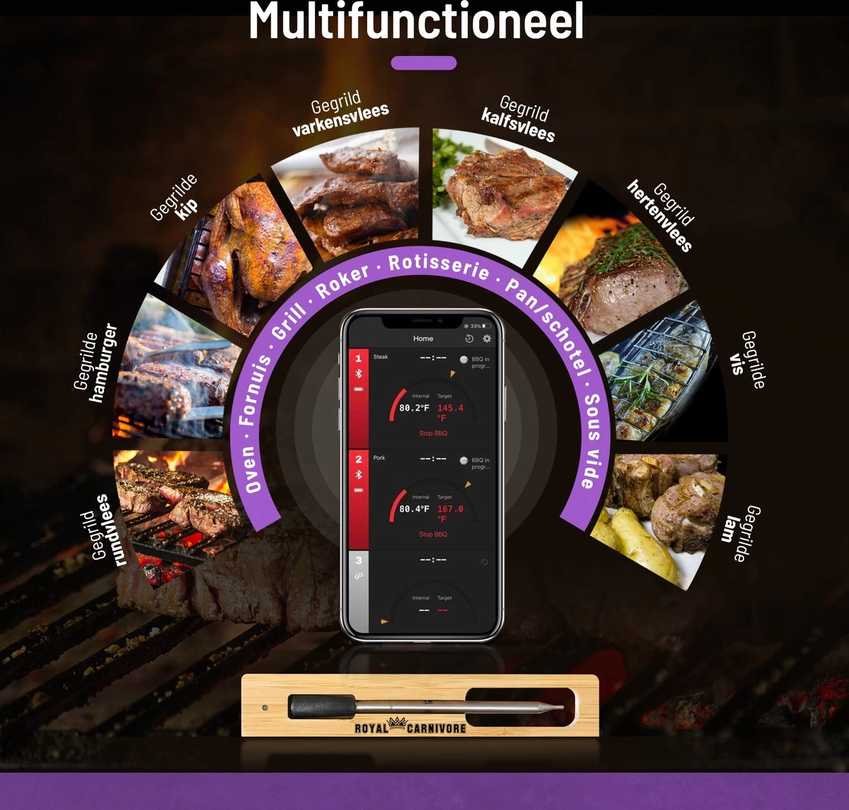 ROYAL CARNIVORE® | Draadloze BBQ thermometer | Barbecue vleesthermometer | Kernthermometer | Bluetooth met App ROYAL CARNIVORE® | Draadloze BBQ Thermometer | Barbecue Vleesthermometer | Kernthermometer | Bluetooth Met App -Bol Waterkoker Winkel
