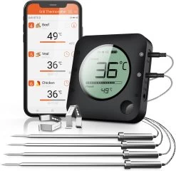 Claire BF-5 BBQ Thermometer - Vleesthermometer - Oventhermometer - Draadloos Met App - Incl. Batterijen En 4 Meetsondes