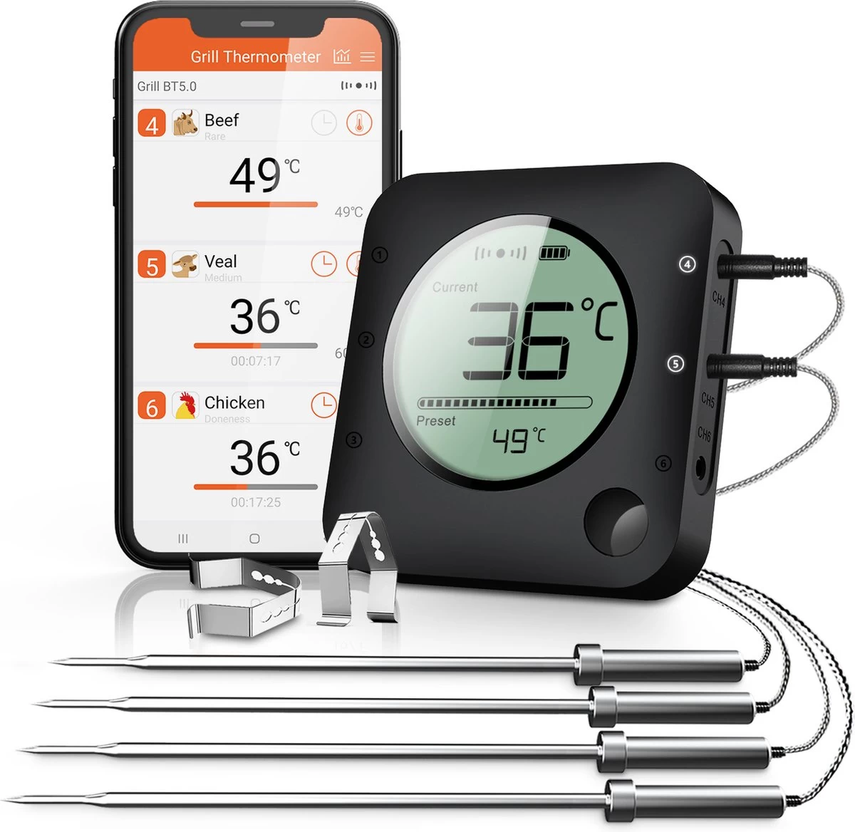 Claire BF-5 BBQ thermometer - Vleesthermometer - Oventhermometer - Draadloos met app - Incl. Batterijen en 4 meetsondes Claire BF-5 BBQ Thermometer - Vleesthermometer - Oventhermometer - Draadloos Met App - Incl. Batterijen En 4 Meetsondes -Bol Waterkoker Winkel