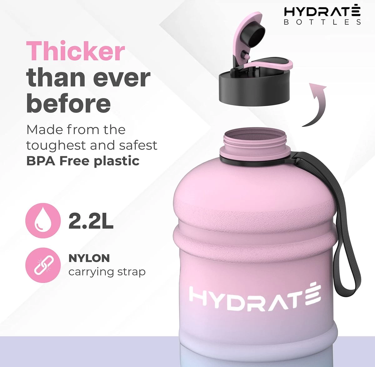 HYDRATE 2,2 liter waterfles - nu met Easy Drink Cap - duurzaam en extra sterk - BPA vrij - ideaal voor: Sportschool, Dieet, Bodybuilding, Buitensporten, Wandelen en Kantoor, Suikerspin HYDRATE 2,2 Liter Waterfles - Nu Met Easy Drink Cap - Duurzaam En Extra Sterk - BPA Vrij - Ideaal Voor: Sportschool, Dieet, Bodybuilding, Buitensporten, Wandelen En Kantoor, Suikerspin -Bol Waterkoker Winkel 1200x1175 10