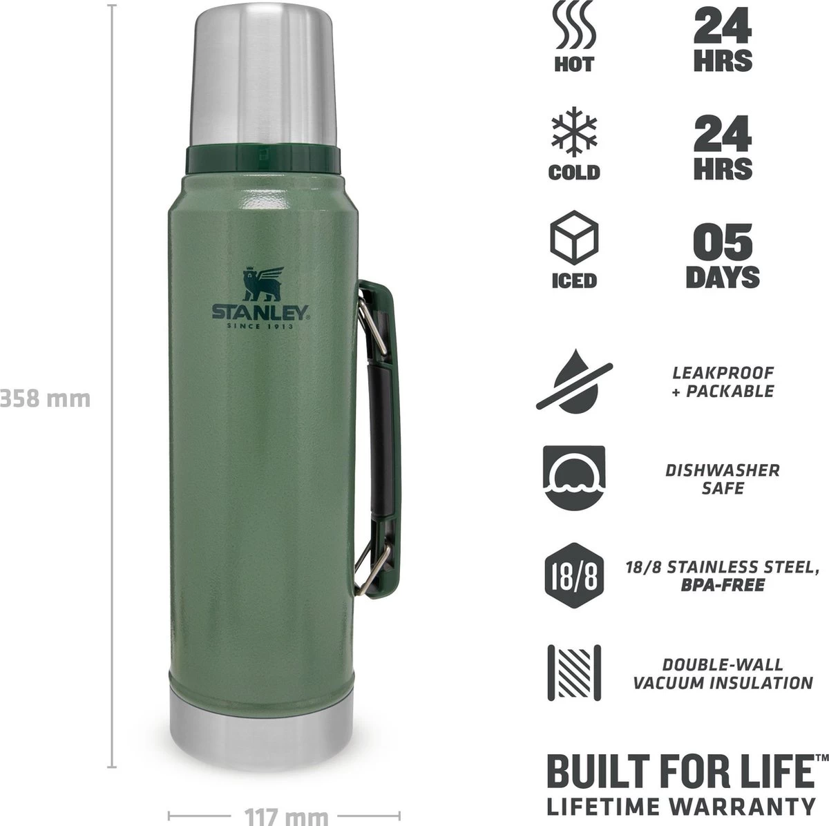 Stanley The Legendary Classic Bottle 1,00L - thermosfles - Hammertone Green Stanley The Legendary Classic Bottle 1,00L - Thermosfles - Hammertone Green -Bol Waterkoker Winkel