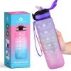 Innovaland Motivatie Waterfles Paars En Roze - 1 Liter Drinkfles - Waterfles Met Rietje - Waterfles Met Tijdmarkering - BPA Vrij - Volwassenen - Kinderen - Geschenk - Cadeau - Mannen - Vrouwen- Cadeau - Fitnes