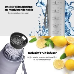 Swilix ® Drinkfles - 1 Liter - Waterfles Met Tijdmarkering - Met 2 Fruitfilters - Grijs -Bol Waterkoker Winkel 1200x1200 1314