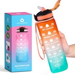 Innovaland Motivatie Waterfles Oranje En Blauw - 1 Liter Drinkfles - Waterfles Met Rietje - Waterfles Met Tijdmarkering - BPA Vrij - Volwassenen - Kinderen - Vaderdag - Geschenk - Cadeau Voor Man - Vrouw - Mannen - Vrouwen