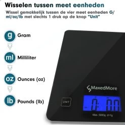MaxedMore Digitale Keukenweegschaal Met Bluetooth En App - Digitale Precisie Weegschaal Voor Keuken - Tare / Tarra Functie - Weegt Tot 5000 Gram (5kg) - Werkt Op Batterijen - Smart Touch Bediening - Gemaakt Van Gehard Glas Met Antislip -Bol Waterkoker Winkel 1200x1200 647