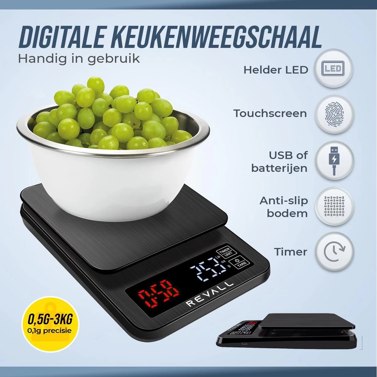 REVALL Digitale Precisie Keukenweegschaal - 0,5g tot 3kg - Inclusief batterijen - Zwart REVALL Digitale Precisie Keukenweegschaal - 0,5g Tot 3kg - Inclusief Batterijen - Zwart -Bol Waterkoker Winkel 1200x1200 694