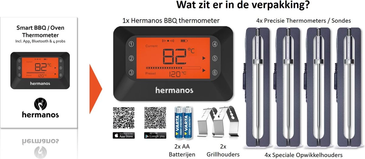Hermanos® Digitale BBQ Thermometer Draadloos - Keukenthermometer - Bluetooth met app - 4 Sondes - Magneet - Incl. Batterijen Hermanos® Digitale BBQ Thermometer Draadloos - Keukenthermometer - Bluetooth Met App - 4 Sondes - Magneet - Incl. Batterijen -Bol Waterkoker Winkel
