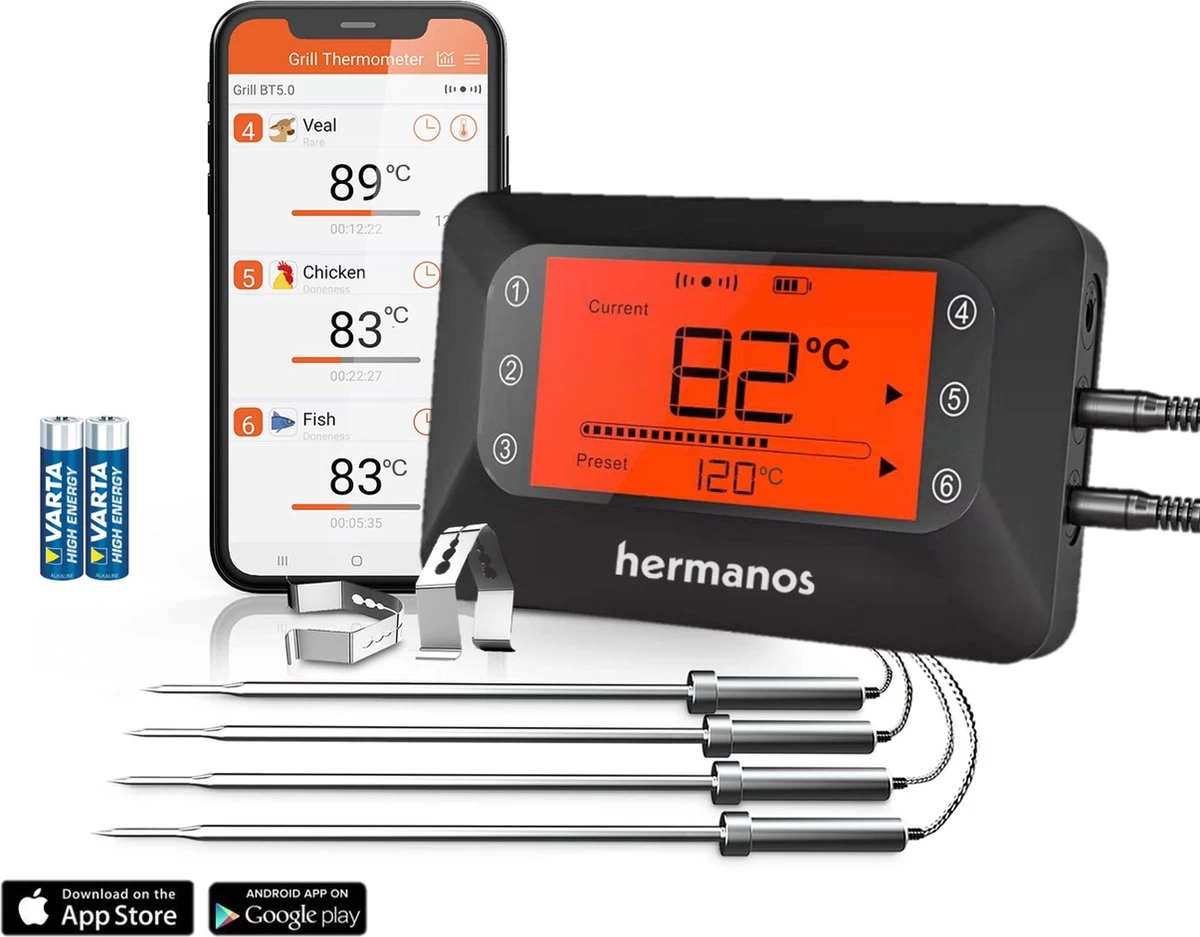 Hermanos® Digitale BBQ Thermometer Draadloos - Keukenthermometer - Bluetooth met app - 4 Sondes - Magneet - Incl. Batterijen Hermanos® Digitale BBQ Thermometer Draadloos - Keukenthermometer - Bluetooth Met App - 4 Sondes - Magneet - Incl. Batterijen -Bol Waterkoker Winkel 1200x937 2
