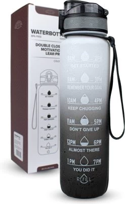 Nimma® Motivatie Waterfles - 1 Liter Drinkfles - Met Tijdmarkeringen En Fruitfilter - Zwart Wit -Bol Waterkoker Winkel 736x1200