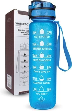 Nimma® Motivatie Waterfles - 1 Liter Drinkfles - Met Tijdmarkeringen En Fruitfilter - Blauw -Bol Waterkoker Winkel 779x1200