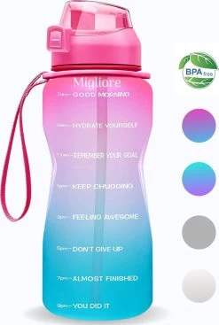 Migliore Waterfles 2 Liter- Luxe Drinkfles Met Rietje - 2 Liter - Water Bottle - Motivatie Waterfles Met Tijdmarkeringen - Grote - Gallon