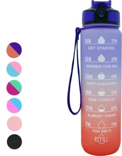 Seniq Motivatie Waterfles - 1 Liter - Drinkfles Met Tijdmarkering - Rietje - Paars Oranje